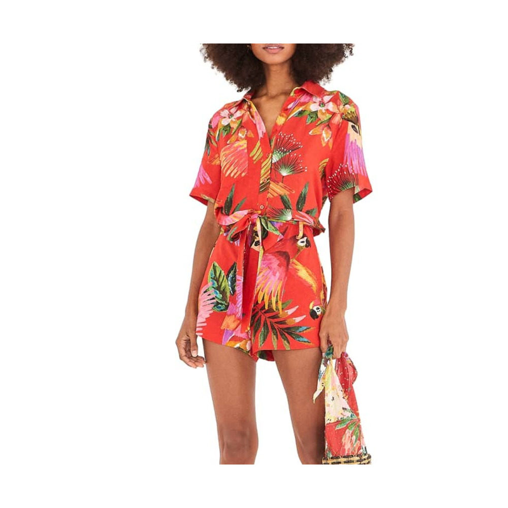 Farm Rio Red Macaw Romper Womens Medium Parrot Short Sleeve Collared Linen Blend